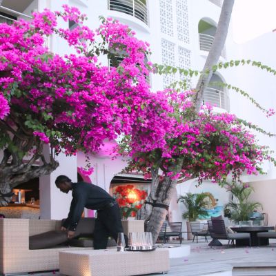 ajusting a couch in the hotel terrace